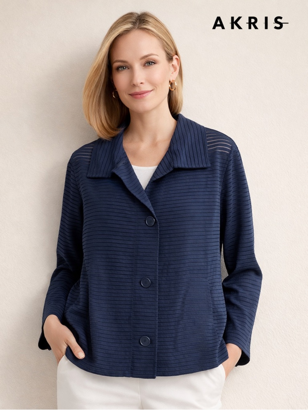 Akris Punto Sheer Striped Silk Blend Jacket Navy US 8 (fits like Medium)